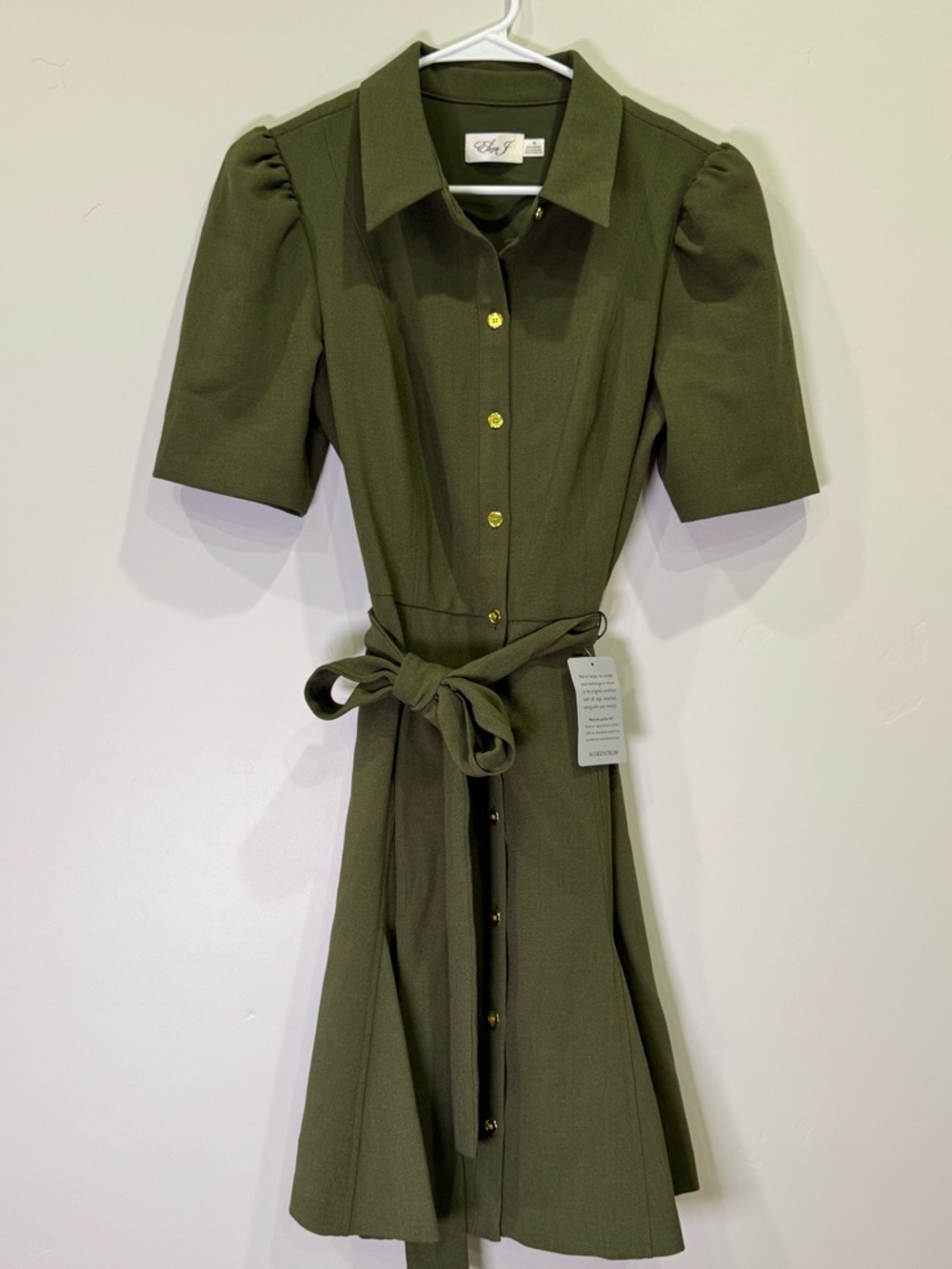 Eliza J Olive Green Short-Sleeve Shirt Dress with Tie Waist - Picture 3 of 5